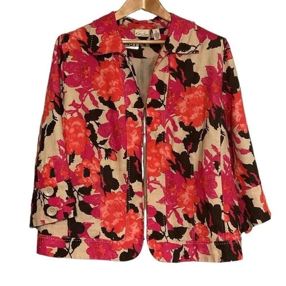 linen‎ 100% jacket red flower print by Kim Rogers size 1X - Picture 1 of 4